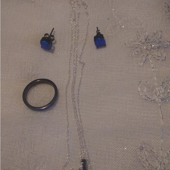 Sterling Silver Black Rhodium Blue Opal ring, Necklace, Earring Set - Picture 3 of 7
